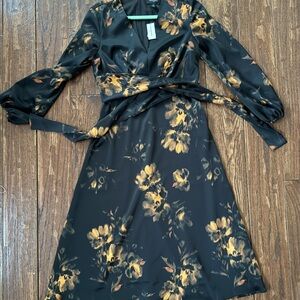 Banana Republic Black Wrap Dress with Mustard Floral Print